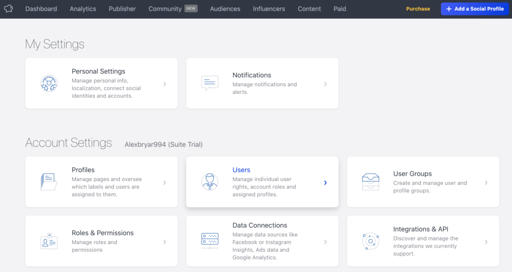 Socialbakers settings with multiple options